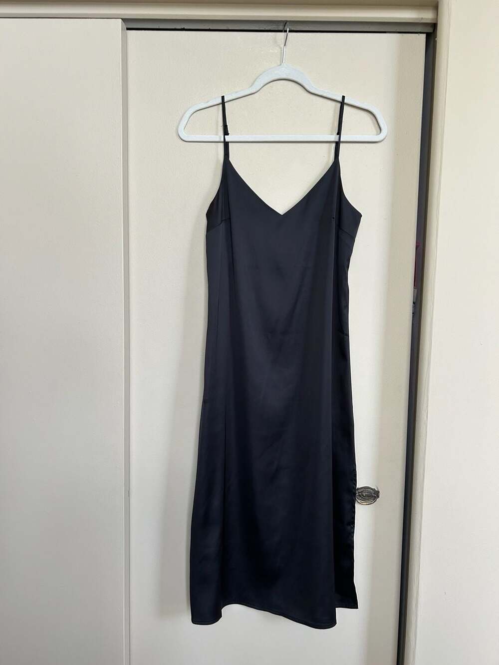 The Drop Black Satin V-Neck Midi Slip Dress with Side Slit